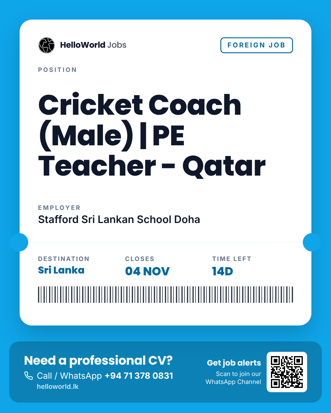 Cricket Coach (Male) | PE Teacher - Qatar at Stafford Sri Lankan School Doha job card