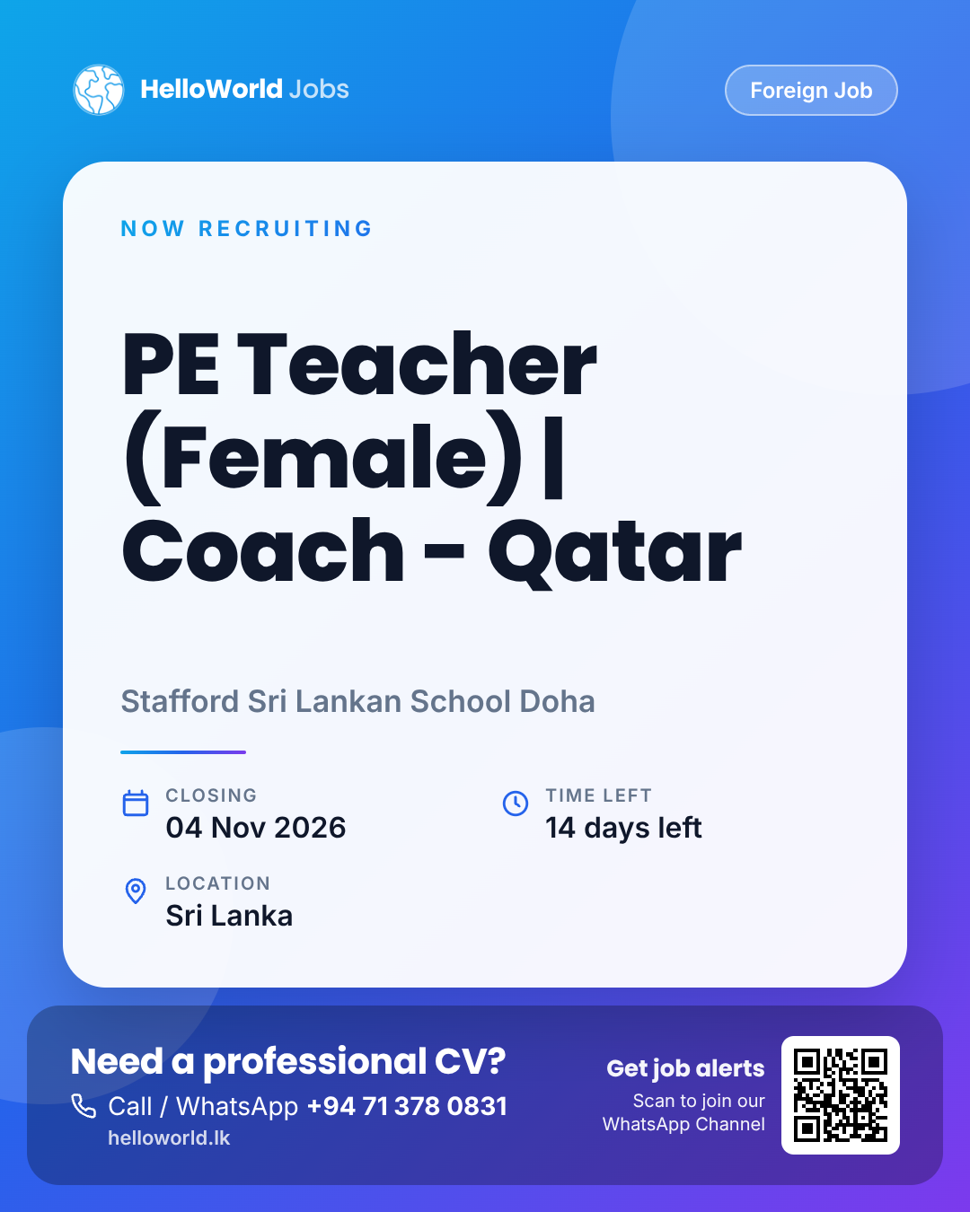 PE Teacher (Female) | Coach - Qatar at Stafford Sri Lankan School Doha job card