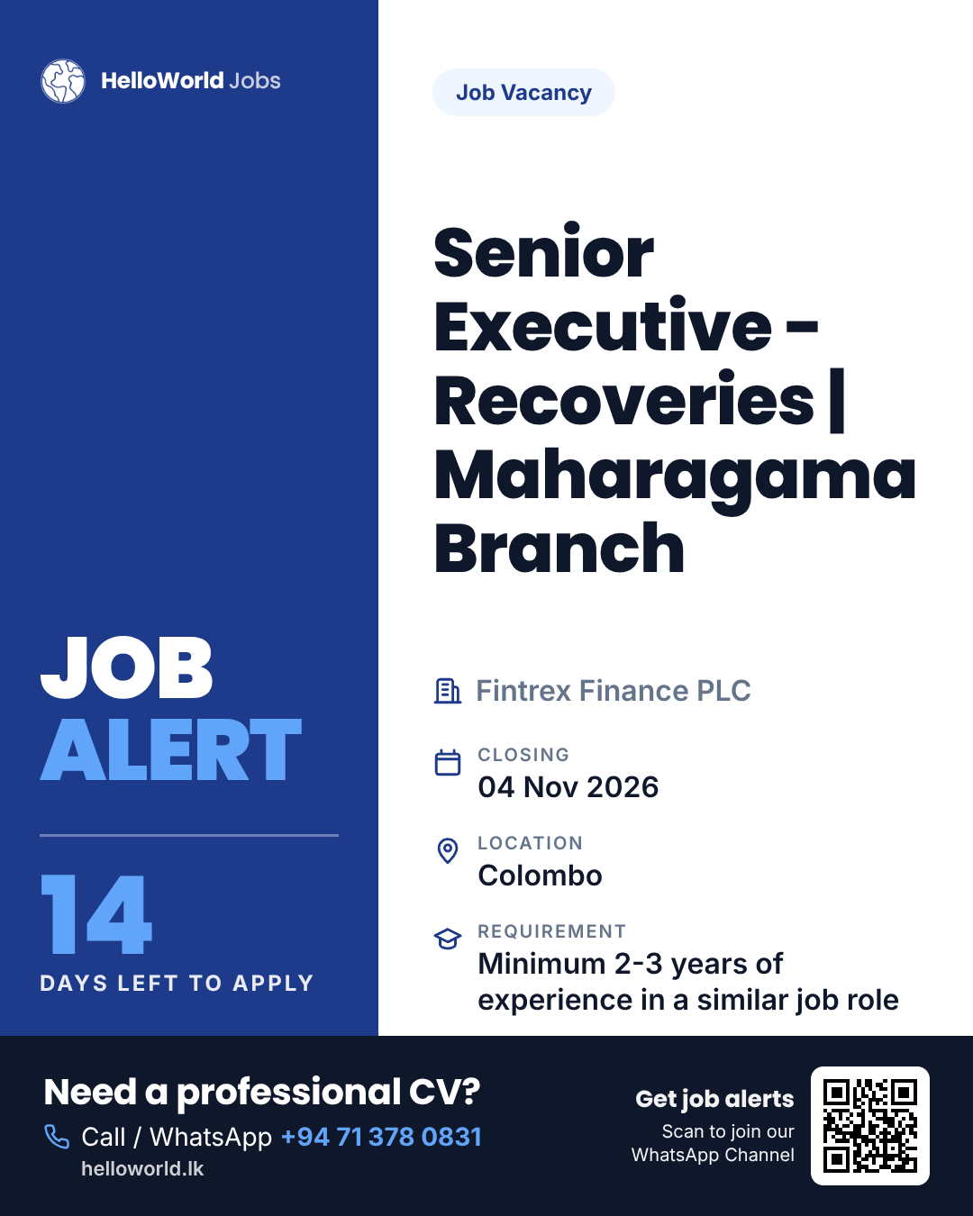 Senior Executive - Recoveries | Maharagama Branch at Fintrex Finance PLC job card