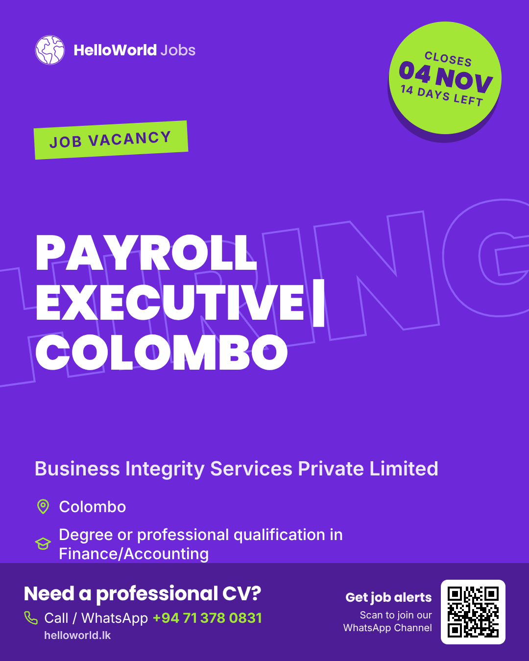 Payroll Executive | Colombo at Business Integrity Services Private Limited job card