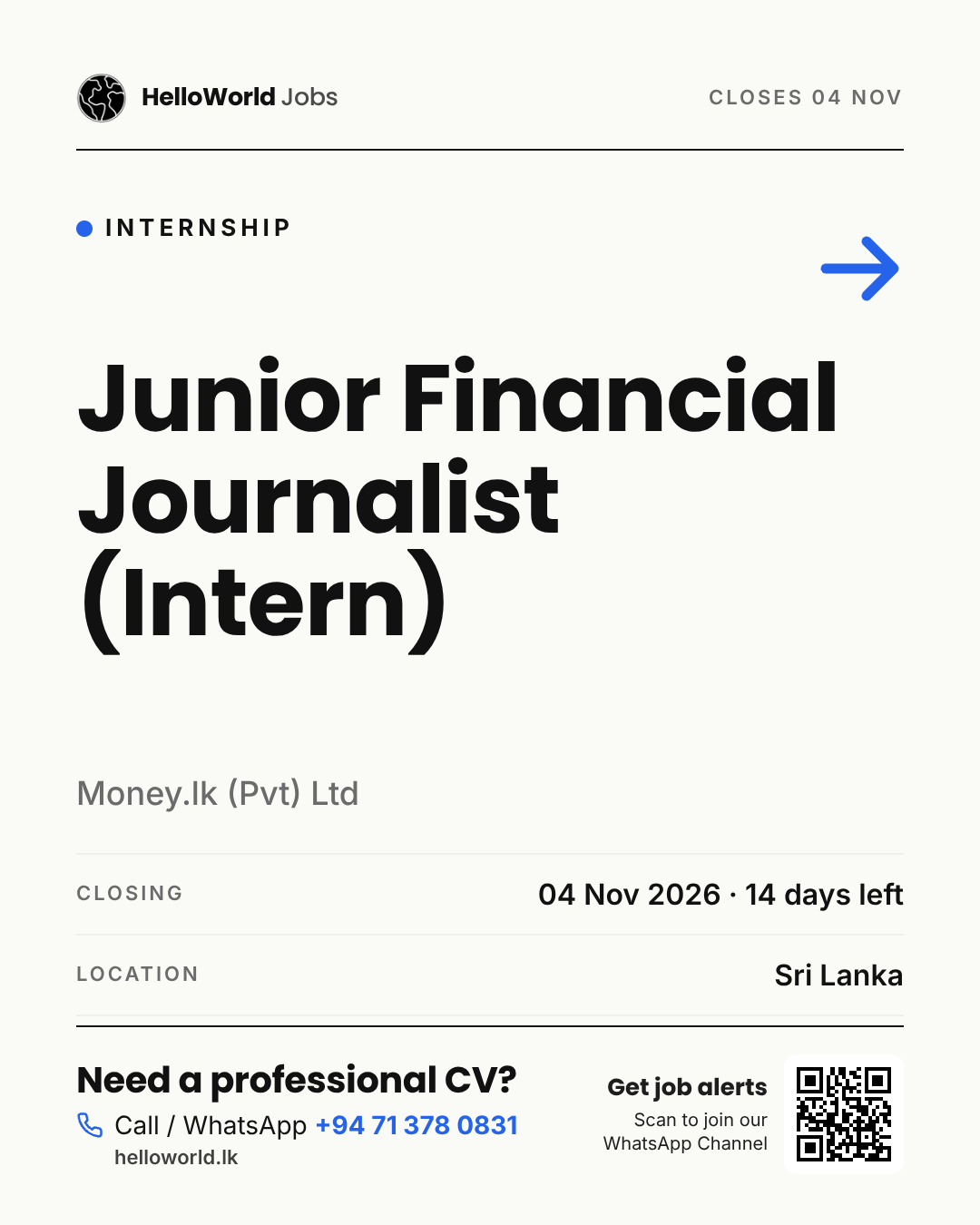 Junior Financial Journalist (Intern) at Money.lk (Pvt) Ltd job card