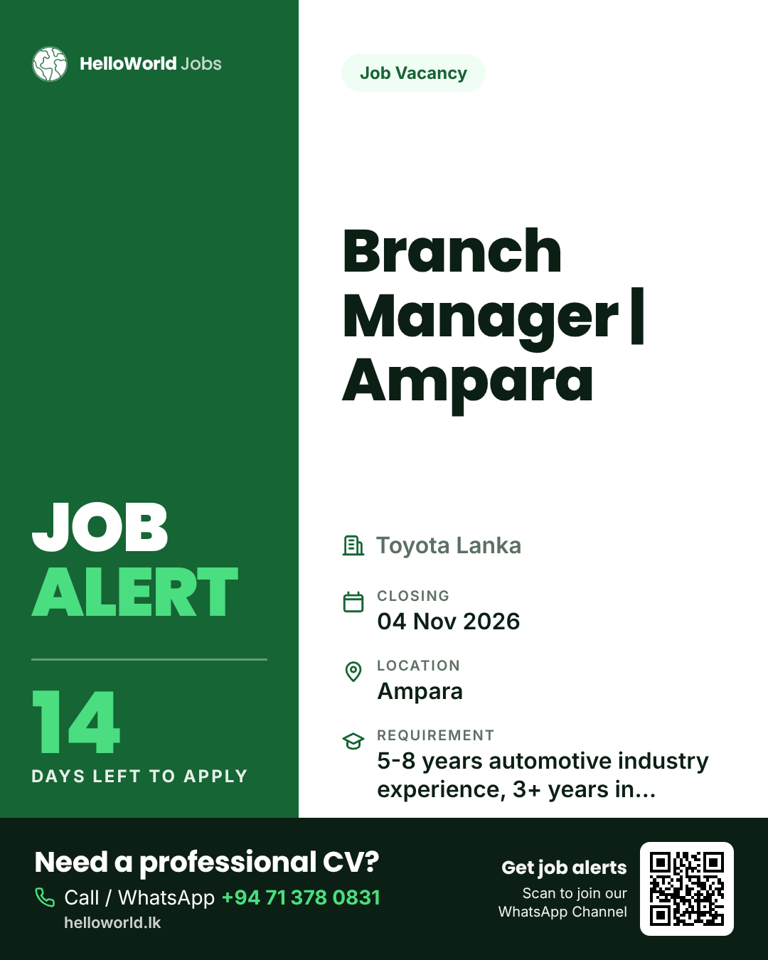 Branch Manager | Ampara at Toyota Lanka job card