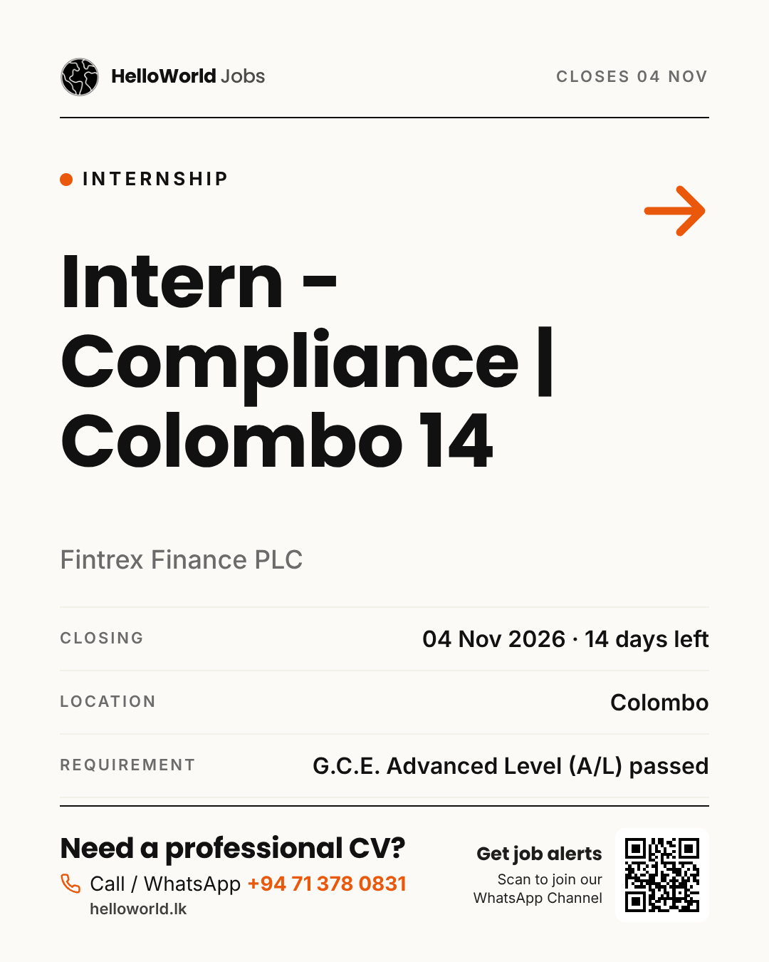 Intern - Compliance | Colombo 14 at Fintrex Finance PLC job card