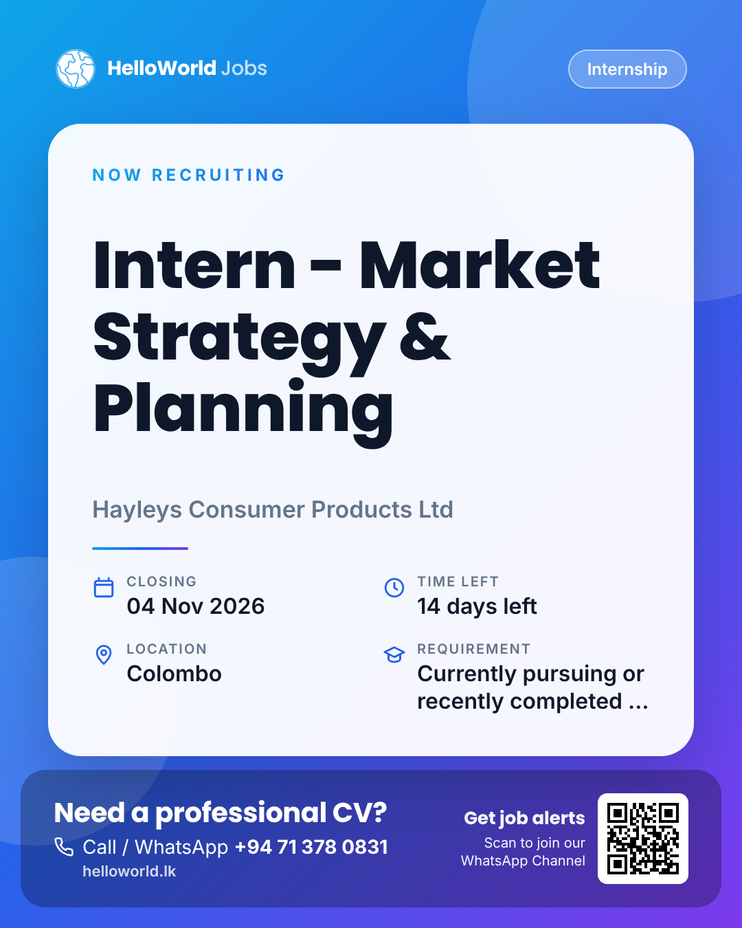 Intern - Market Strategy & Planning at Hayleys Consumer Products Ltd job card