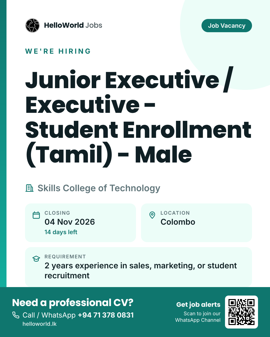 Junior Executive / Executive - Student Enrollment (Tamil) - Male at Skills College of Technology job card