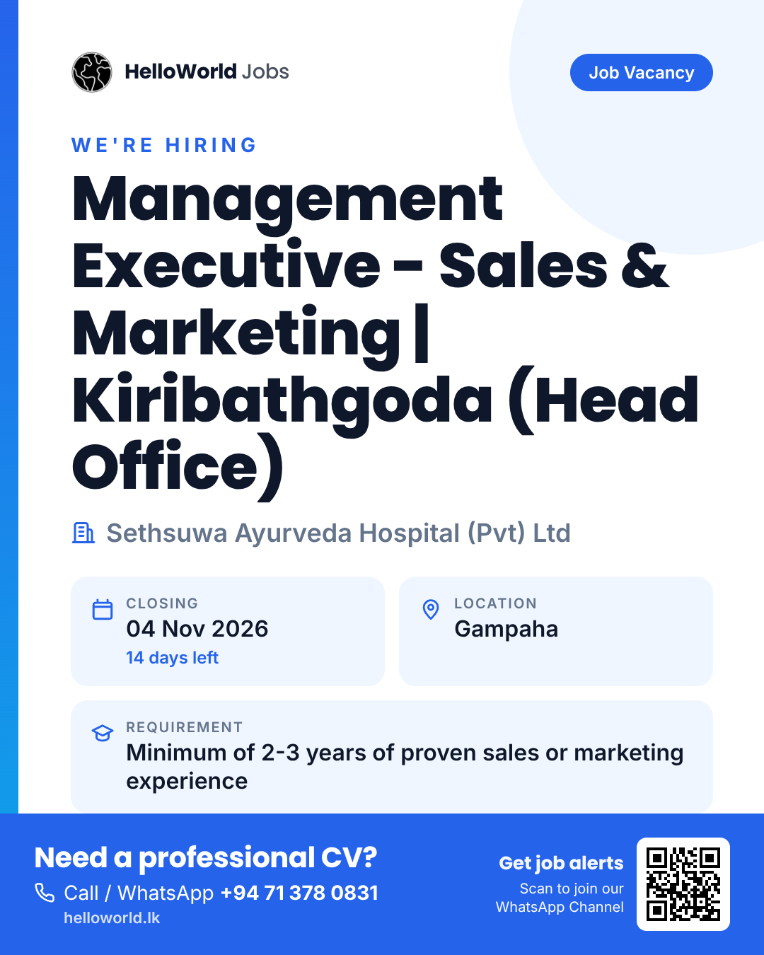 Management Executive - Sales & Marketing | Kiribathgoda (Head Office) at Sethsuwa Ayurveda Hospital (Pvt) Ltd job card